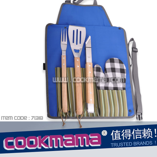 4pcs rubber wood bbq tool set with apron