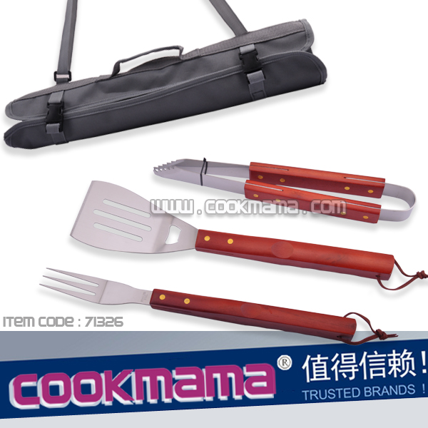 3pcs wood hardwood handle bbq tool set with apron