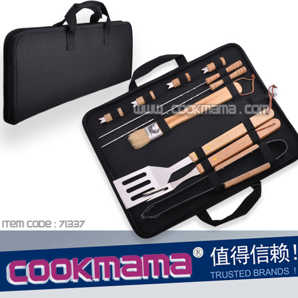 10pcs rubber wood handle bbq set with carry nylon bag