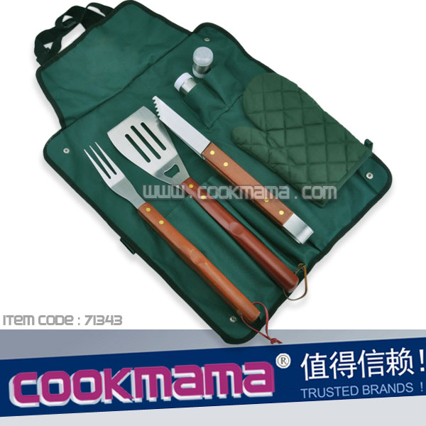 6pcs rubber wood bbq tool set with apron
