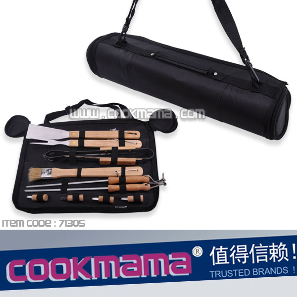 10pcs rubber wood handle bbq tool set with apron