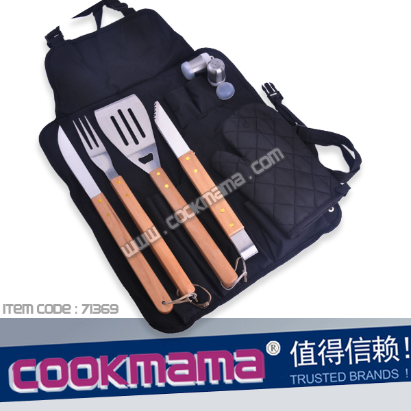 7pcs rubber wood handle bbq tool set with apron