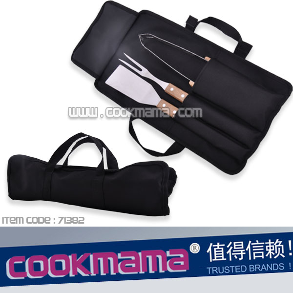 3pcs rubber wood handle bbq tool set with apron