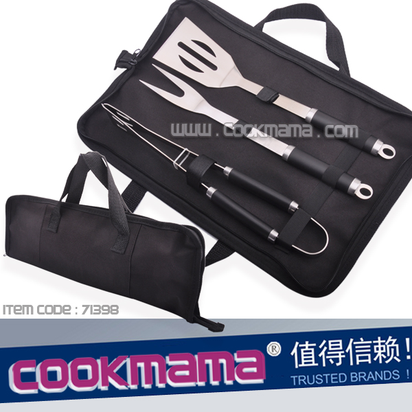 3pcs black pp plastic handle bbq tools with nylon bag