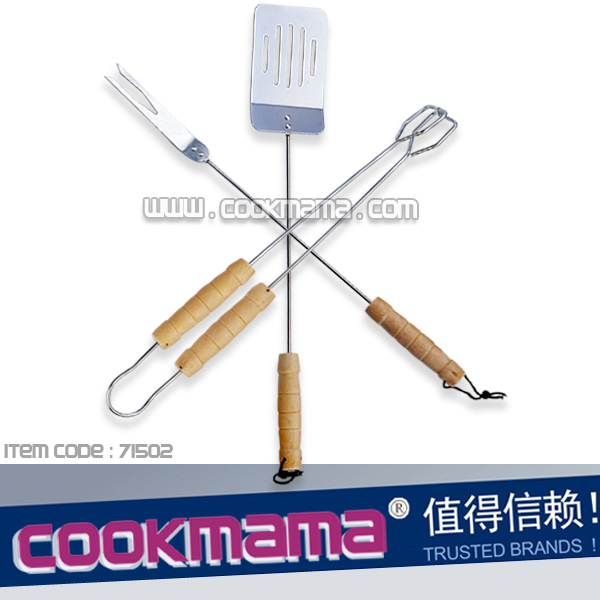 3pc Barbecue Set,round wood handle and iron wire