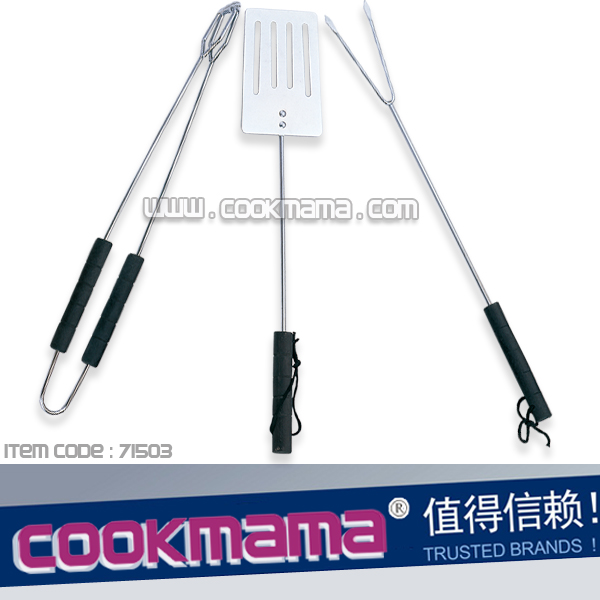 3pc Barbecue Set,round wood Black handle and iron wire