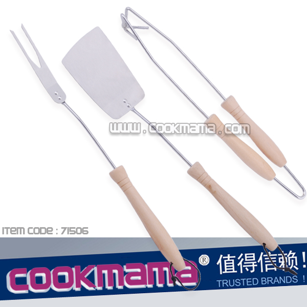 3pc Barbecue Set,round wood handle and iron wire
