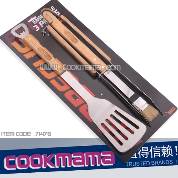 3pcs rubber wood handle bbq tool set with paper card