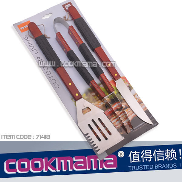3pcs wood handle bbq tool set with soft touch rubber grip