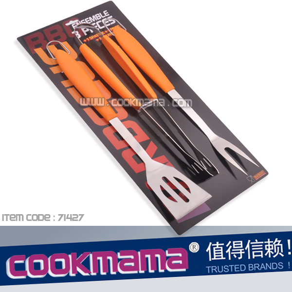 3pcs plastic handle bbq tool set with blister card
