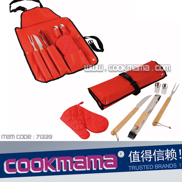 6pcs rubber wood handle bbq tool set with apron