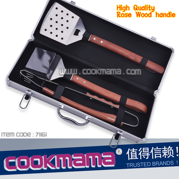 3pcs DELUXE real rosewood handle bbq set with alumium carry case