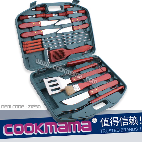 22pcs chinese hard wood handle bbq tool set with plastic storge case