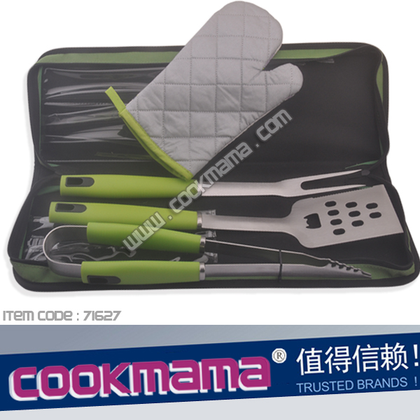 4pcs plastic handle bbq set, grill tools,bbq tool set,green handle bbq tool set